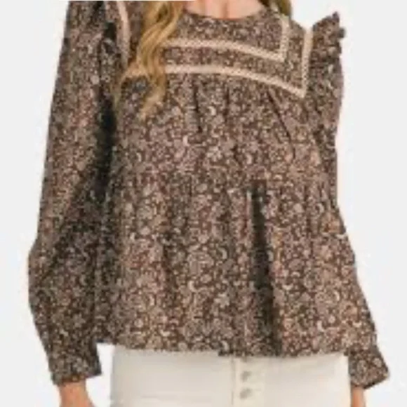 &merci Floral Ruffle Cotton Blouse - Brown - Picture 3 of 16